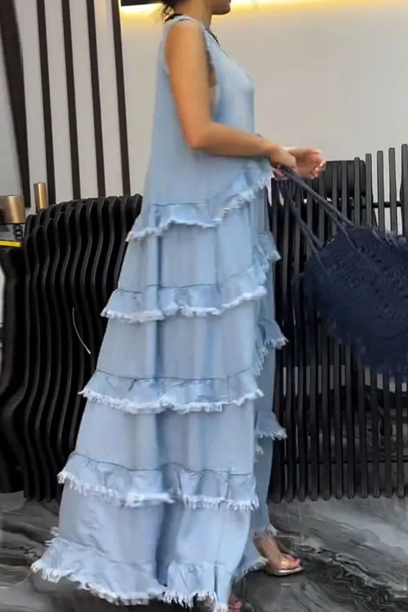 Heidi-Mode | Lässige Zerrissene Rüsche V-Ausschnitt Ärmellose Lockere Denim Kleider - 3 Farben