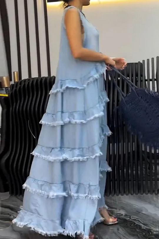 Heidi-Mode | Lässige Zerrissene Rüsche V-Ausschnitt Ärmellose Lockere Denim Kleider - 3 Farben