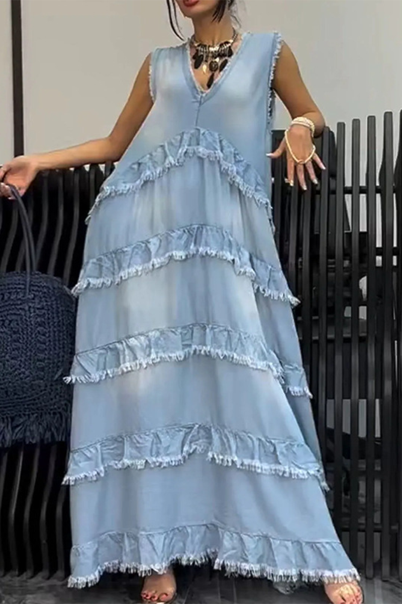 Heidi-Mode | Lässige Zerrissene Rüsche V-Ausschnitt Ärmellose Lockere Denim Kleider - 3 Farben