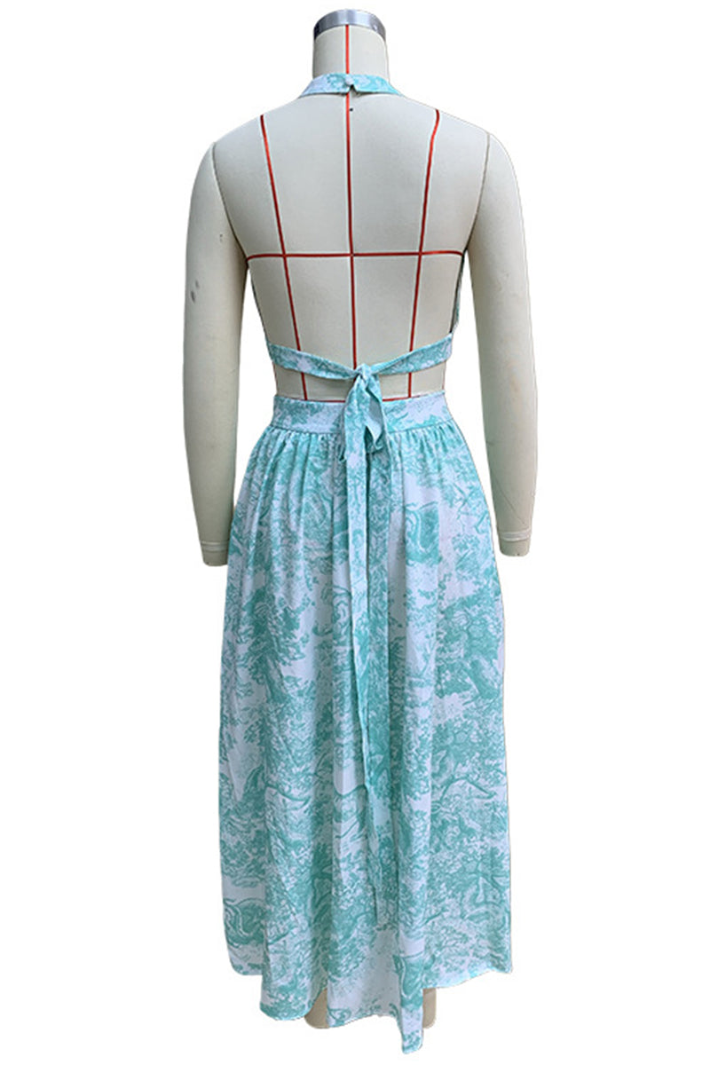 Heidi-Mode | Sexy Street Floral Print Pocket Lace Up Buckle Rückenfreies Halfter ärmellos Zwei Teile