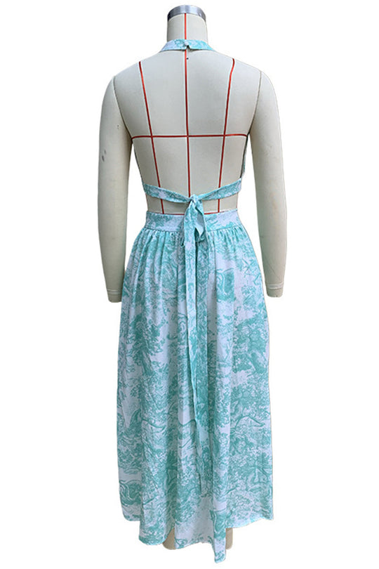 Heidi-Mode | Sexy Street Floral Print Pocket Lace Up Buckle Rückenfreies Halfter ärmellos Zwei Teile