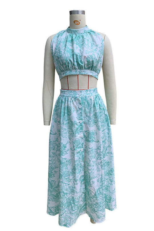 Heidi-Mode | Sexy Street Floral Print Pocket Lace Up Buckle Rückenfreies Halfter ärmellos Zwei Teile