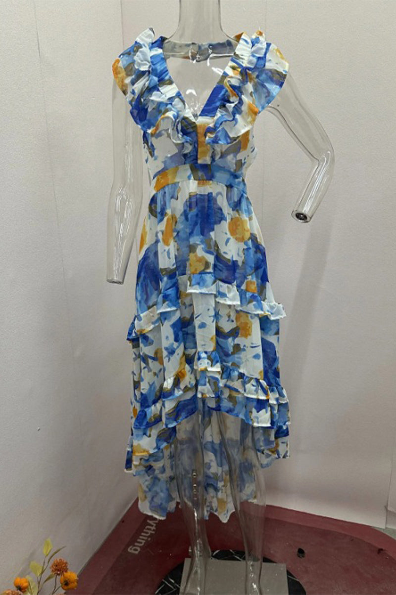 Heidi-Mode | Sexy Floral Print Lace Up Backless Ruffle V Neck Irregular Kleider