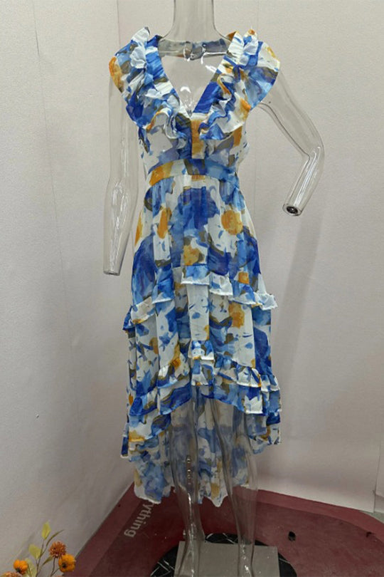 Heidi-Mode | Sexy Floral Print Lace Up Backless Ruffle V Neck Irregular Kleider
