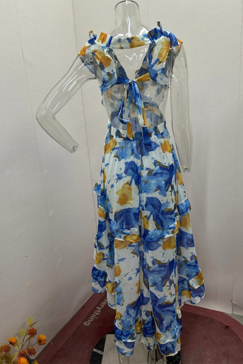 Heidi-Mode | Sexy Floral Print Lace Up Backless Ruffle V Neck Irregular Kleider