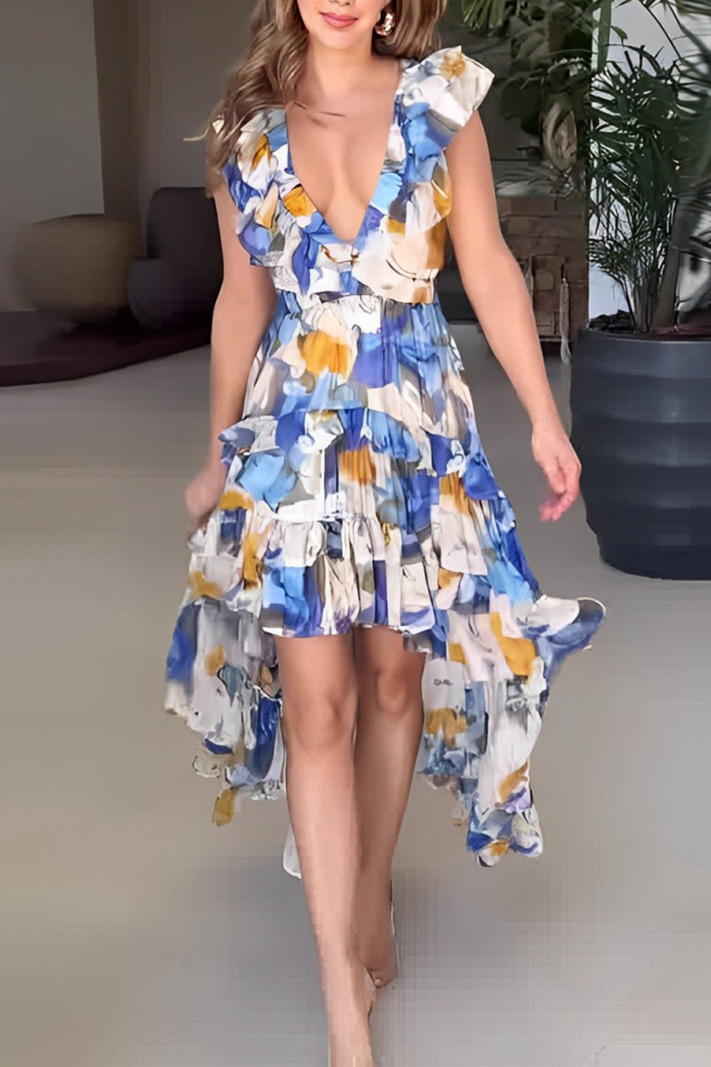 Heidi-Mode | Sexy Floral Print Lace Up Backless Ruffle V Neck Irregular Kleider