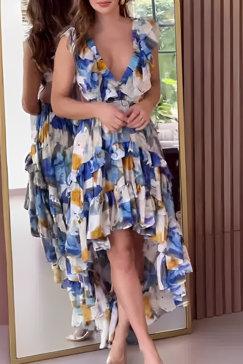 Heidi-Mode | Sexy Floral Print Lace Up Backless Ruffle V Neck Irregular Kleider