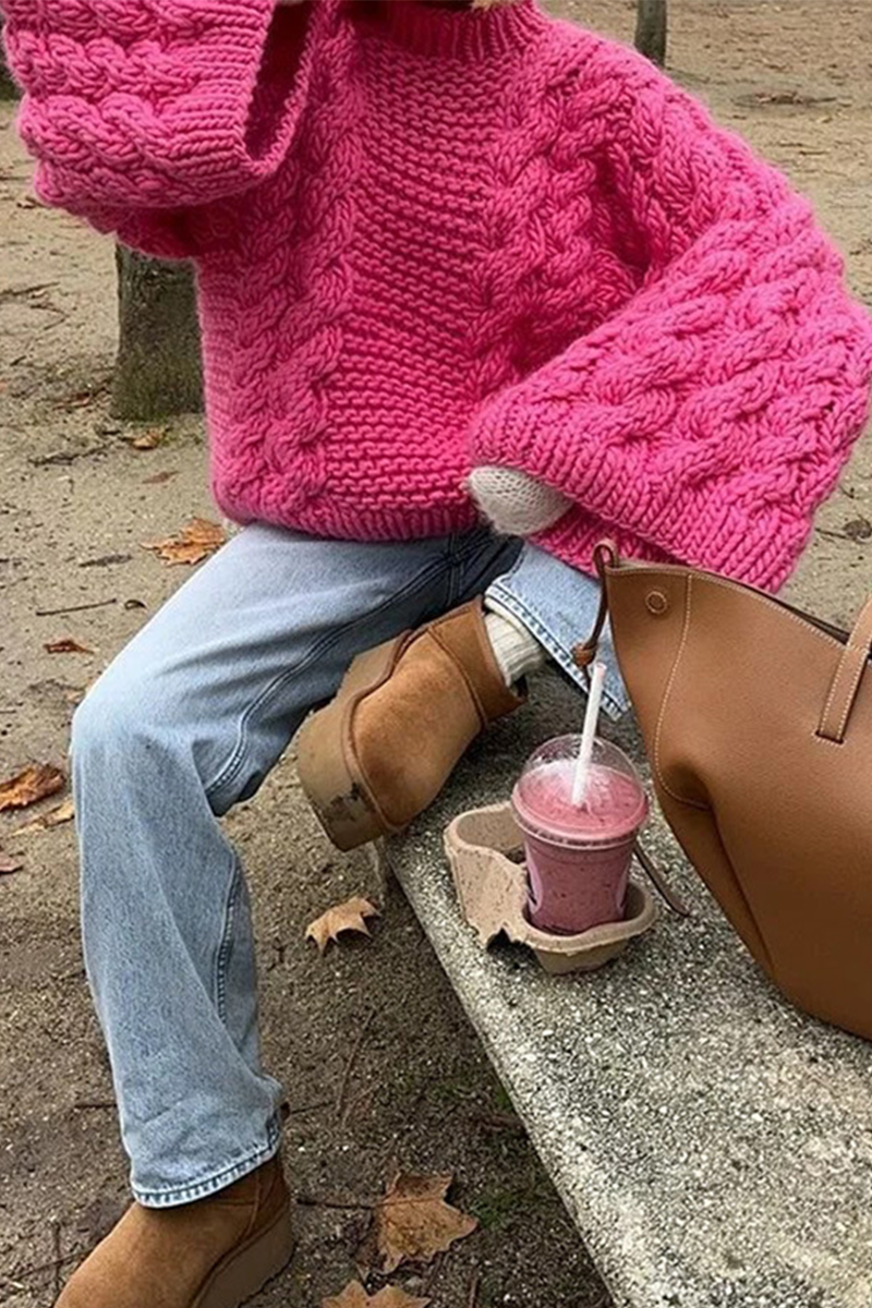 Heidi-Mode | Lässiger einfarbiger Gewebe O-Hals Pullover - 3 Farben
