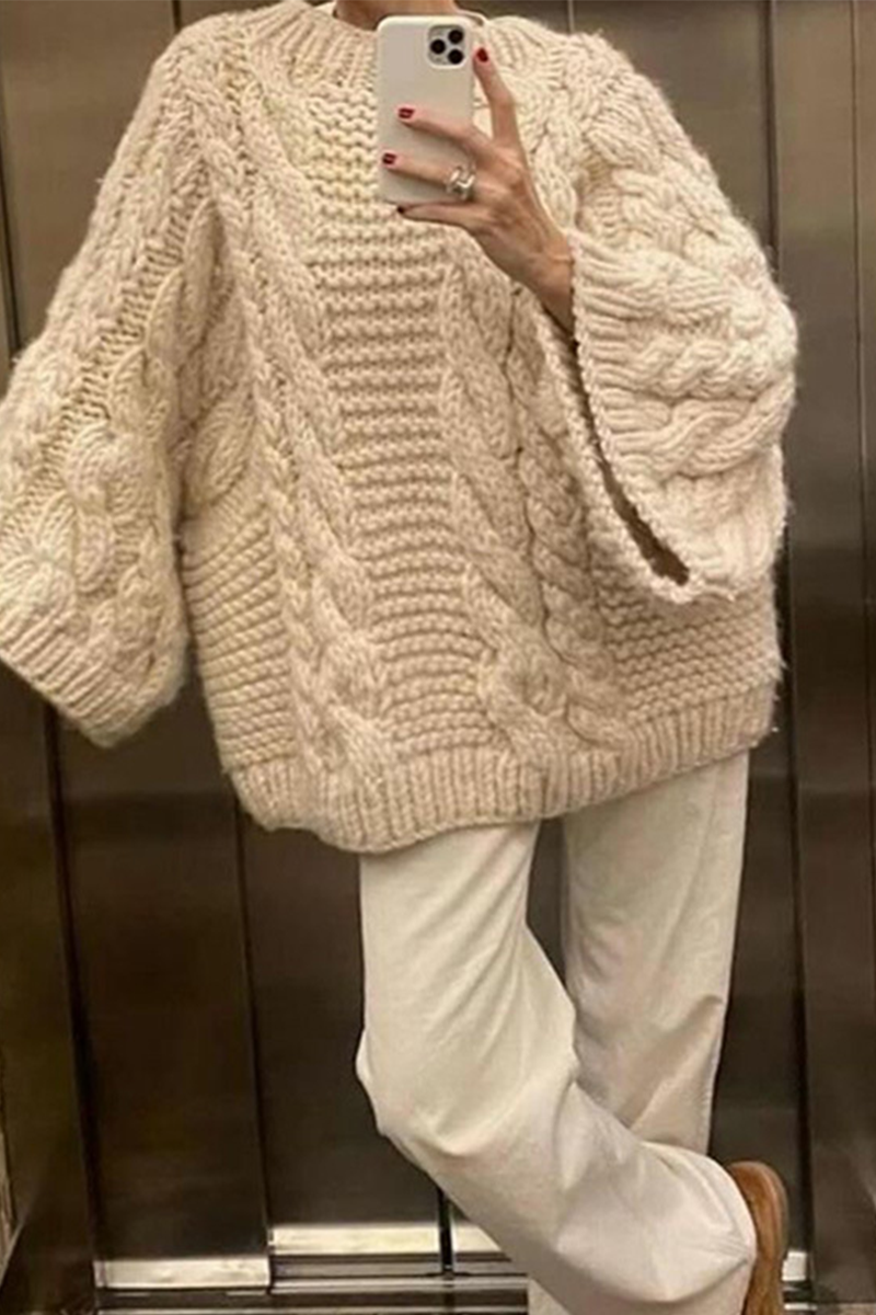 Heidi-Mode | Lässiger einfarbiger Gewebe O-Hals Pullover - 3 Farben