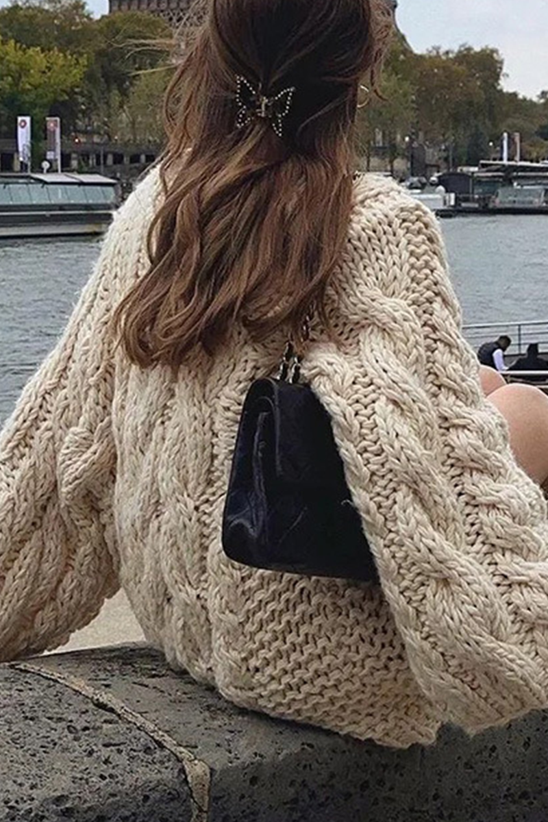 Heidi-Mode | Lässiger einfarbiger Gewebe O-Hals Pullover - 3 Farben