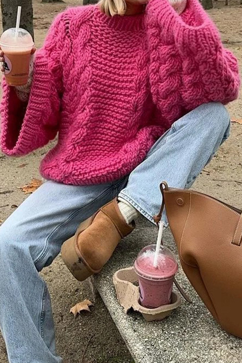 Heidi-Mode | Lässiger einfarbiger Gewebe O-Hals Pullover - 3 Farben