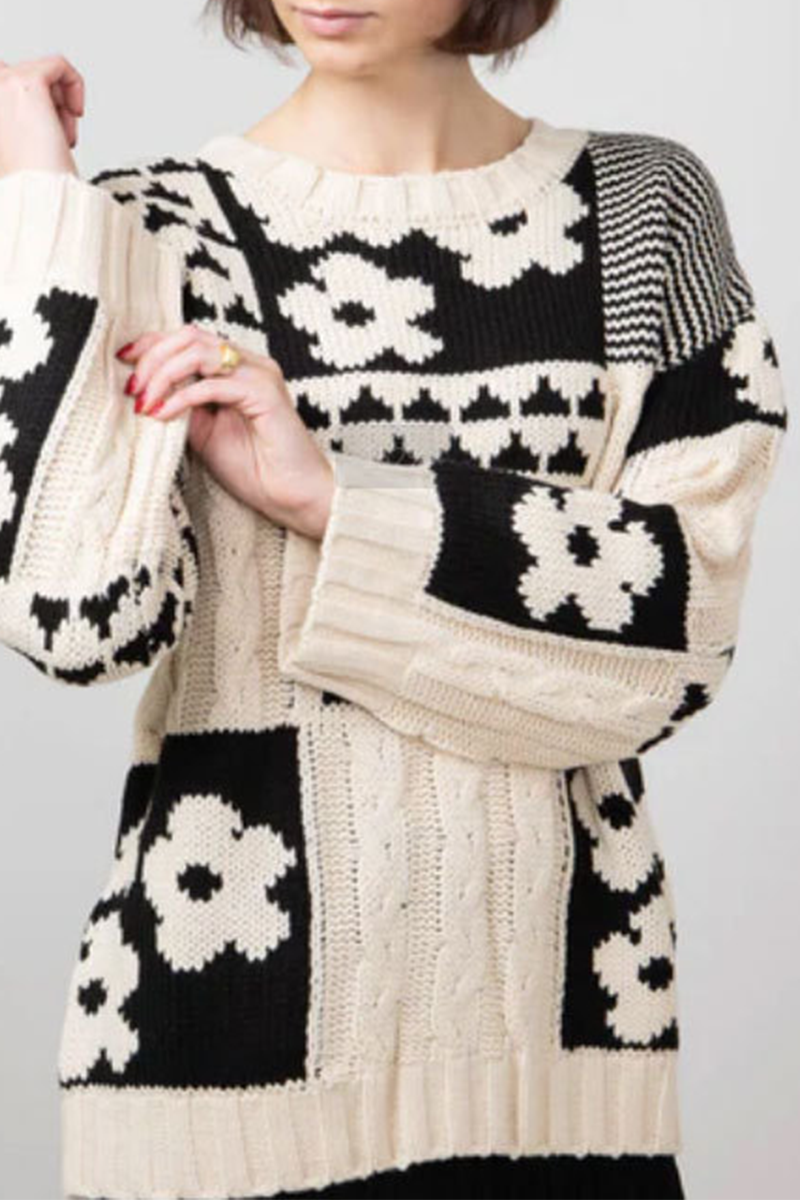 Heidi-Mode | Lässiger Colorblock Blumen Gewebe Kontrast O-Ausschnitt Pullover