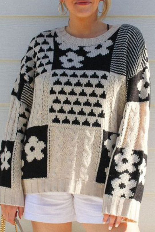 Heidi-Mode | Lässiger Colorblock Blumen Gewebe Kontrast O-Ausschnitt Pullover