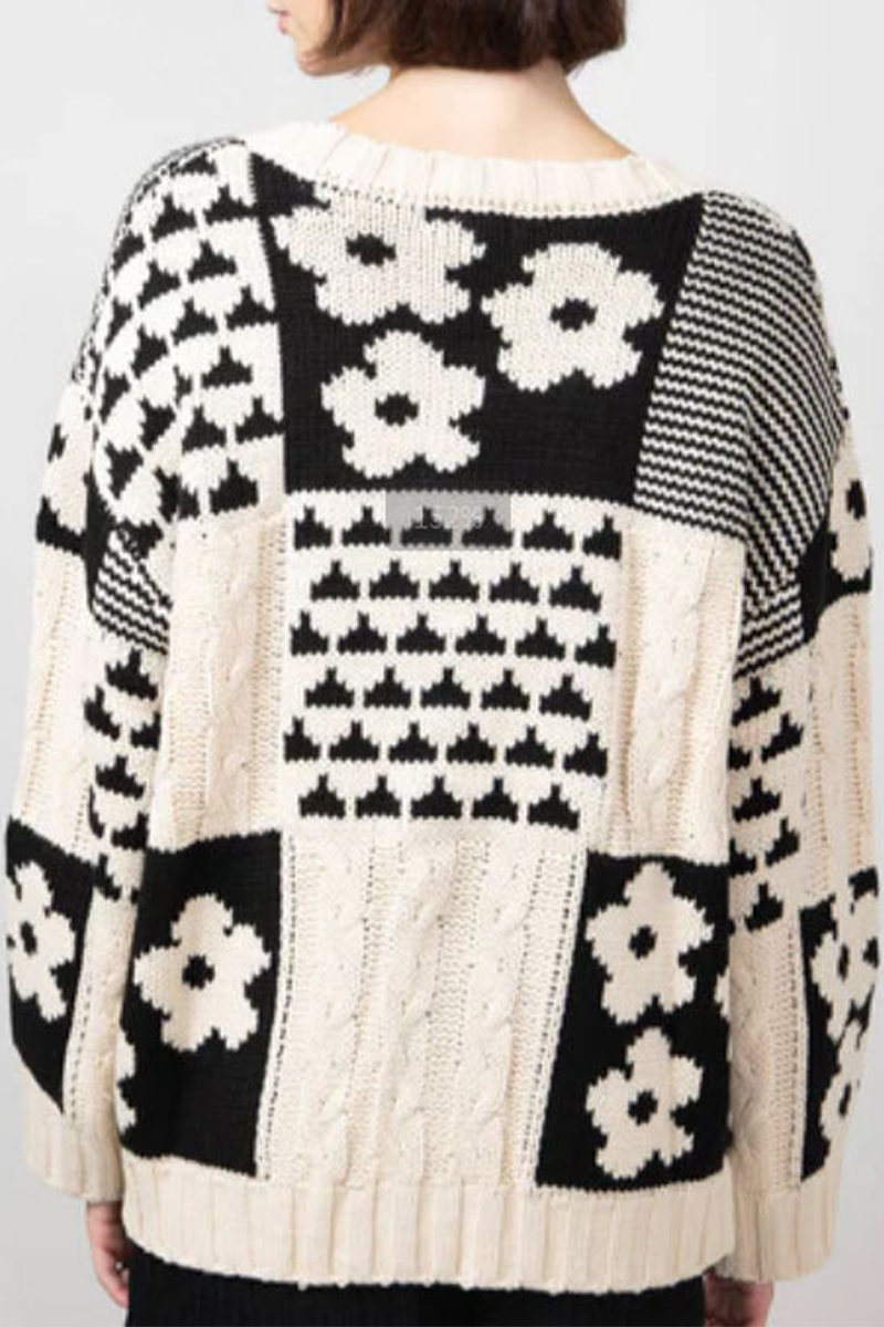 Heidi-Mode | Lässiger Colorblock Blumen Gewebe Kontrast O-Ausschnitt Pullover