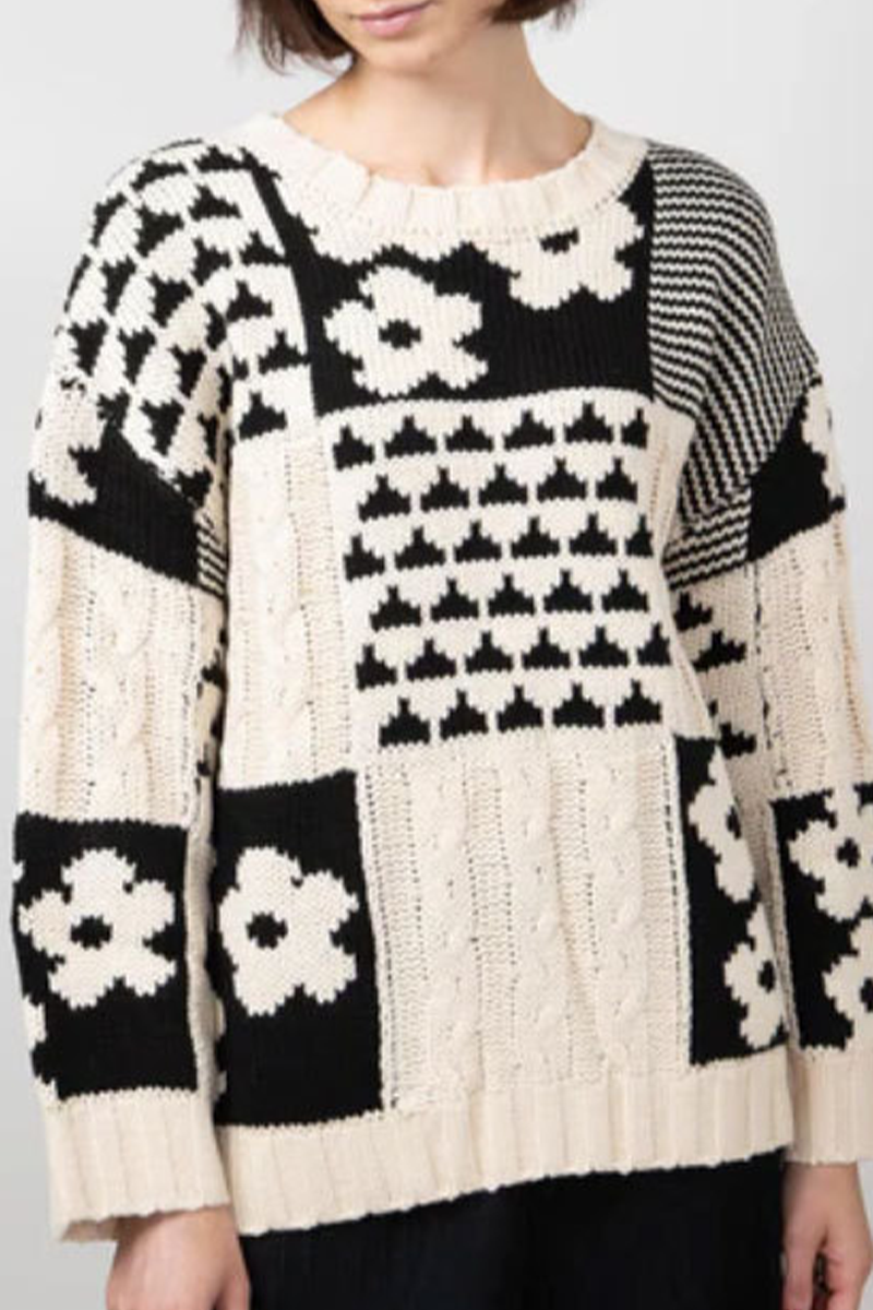Heidi-Mode | Lässiger Colorblock Blumen Gewebe Kontrast O-Ausschnitt Pullover