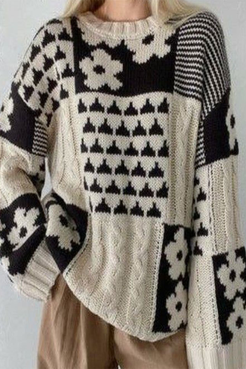 Heidi-Mode | Lässiger Colorblock Blumen Gewebe Kontrast O-Ausschnitt Pullover