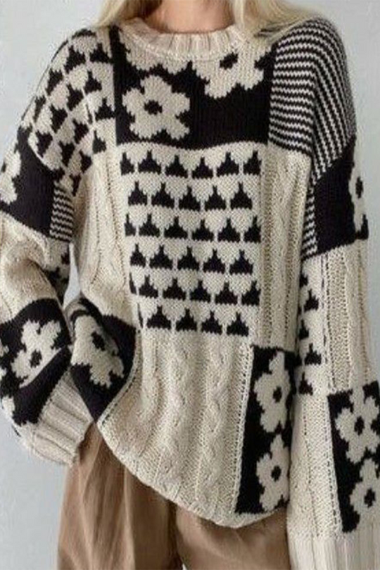 Heidi-Mode | Lässiger Colorblock Blumen Gewebe Kontrast O-Ausschnitt Pullover