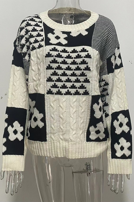 Heidi-Mode | Lässiger Colorblock Blumen Gewebe Kontrast O-Ausschnitt Pullover
