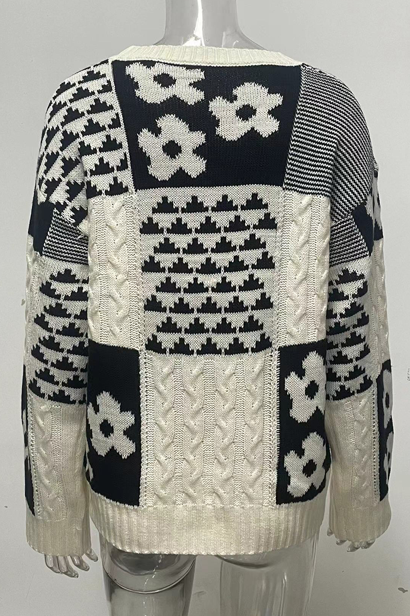 Heidi-Mode | Lässiger Colorblock Blumen Gewebe Kontrast O-Ausschnitt Pullover