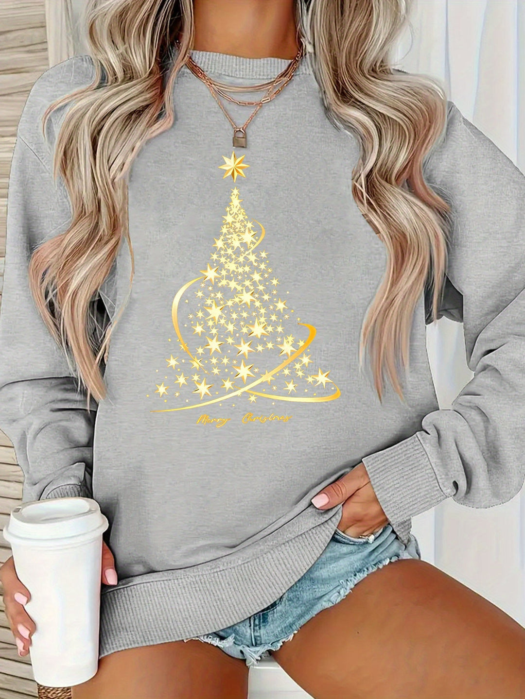 Heidi-Mode | Jul Sweatshirt mit Print Baumwolle Goldener Weihnachtsbaum Design