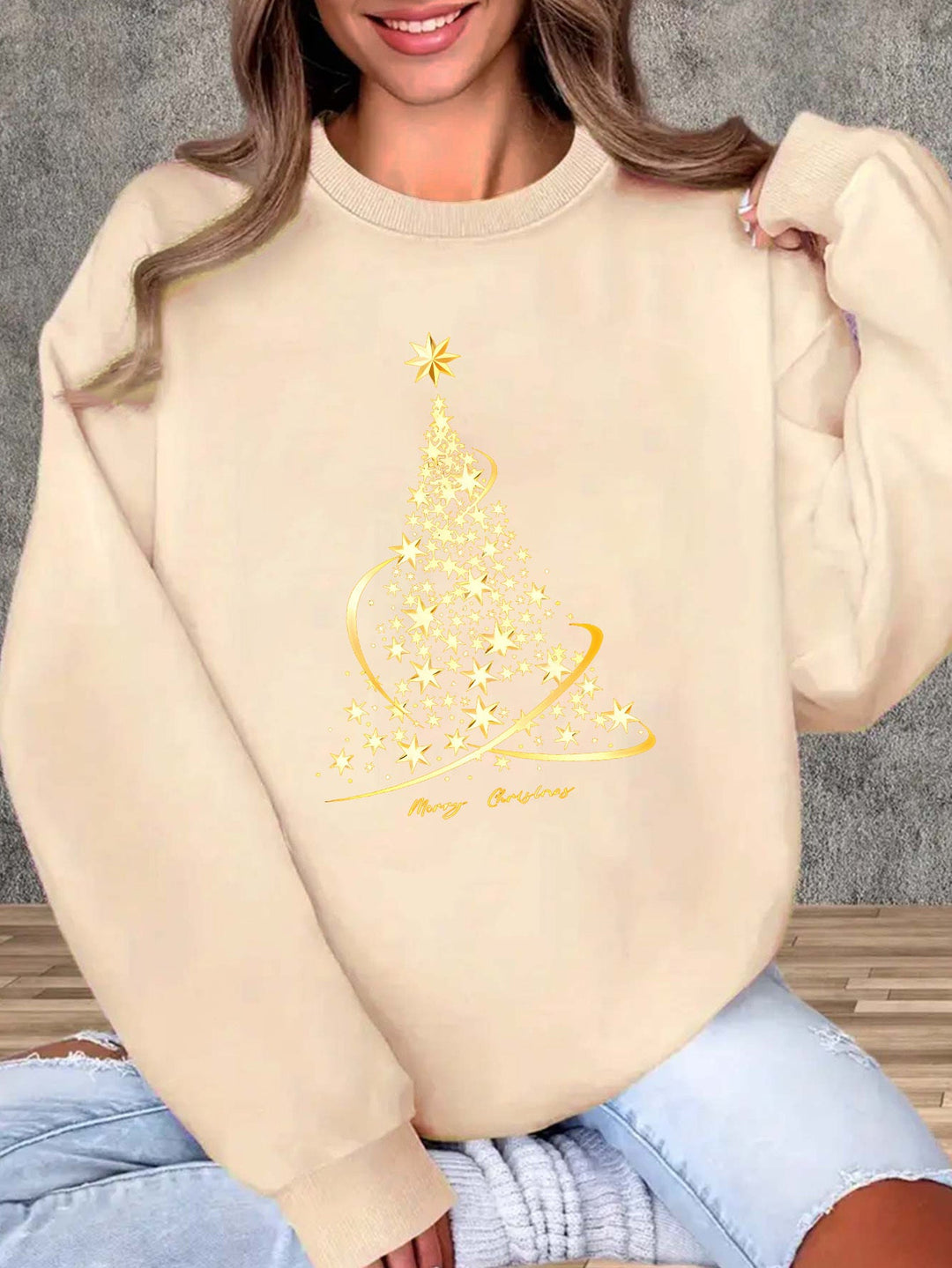 Heidi-Mode | Jul Sweatshirt mit Print Baumwolle Goldener Weihnachtsbaum Design