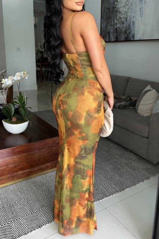 Heidi-Mode | Sexy Print Rückenfreies Gurt Longkleid mit Spaghettiträgern