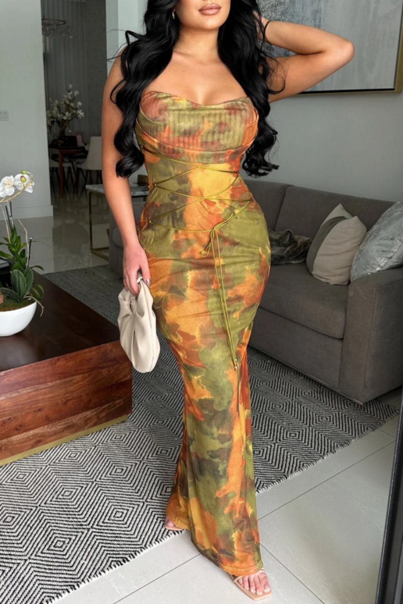 Heidi-Mode | Sexy Print Rückenfreies Gurt Longkleid mit Spaghettiträgern