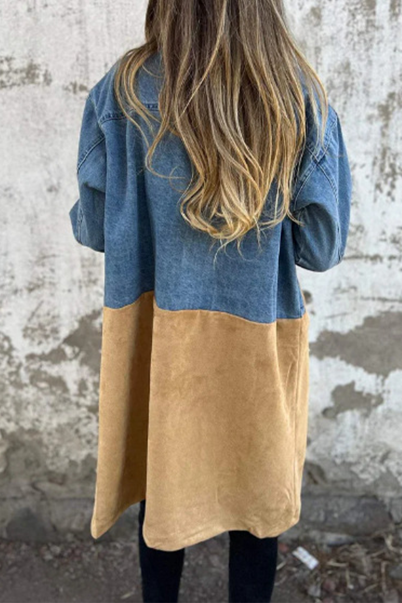 Heidi-Mode | Street Buttons Patchwork Kontrast Umlegekragen Langarm Locker Denimjacke