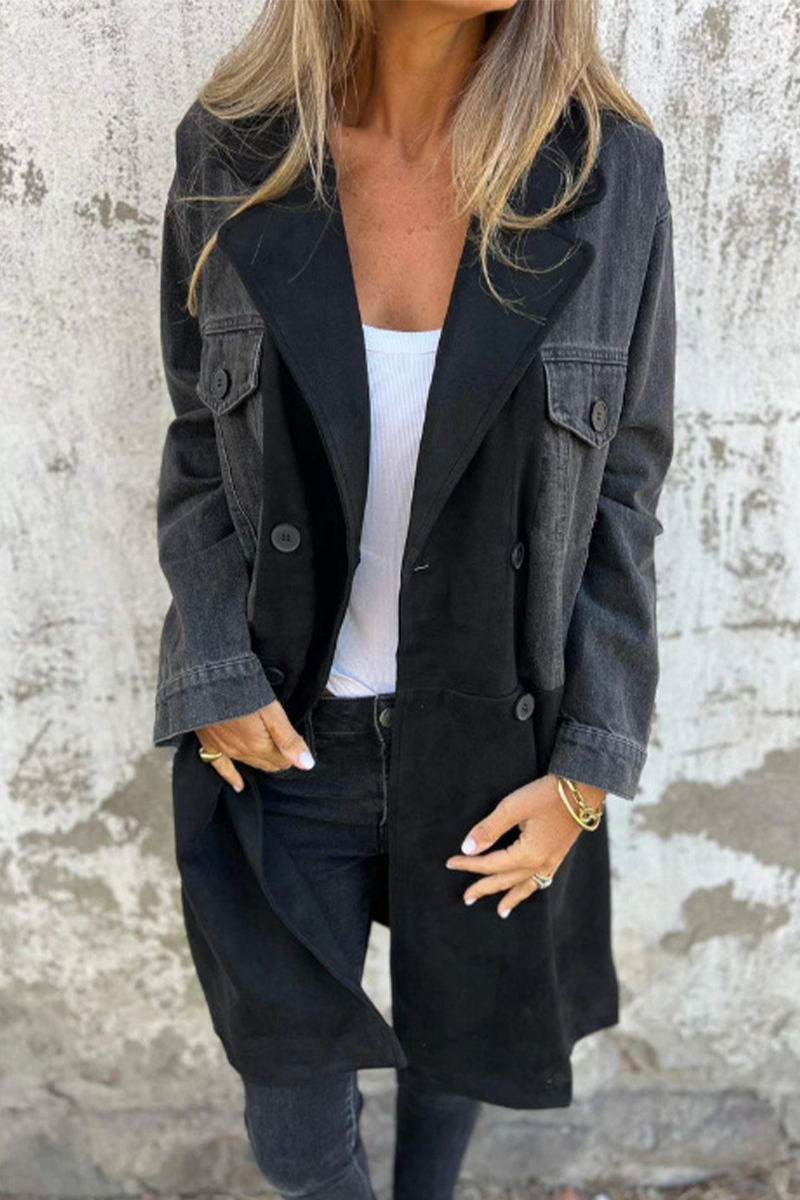 Heidi-Mode | Street Buttons Patchwork Kontrast Umlegekragen Langarm Locker Denimjacke