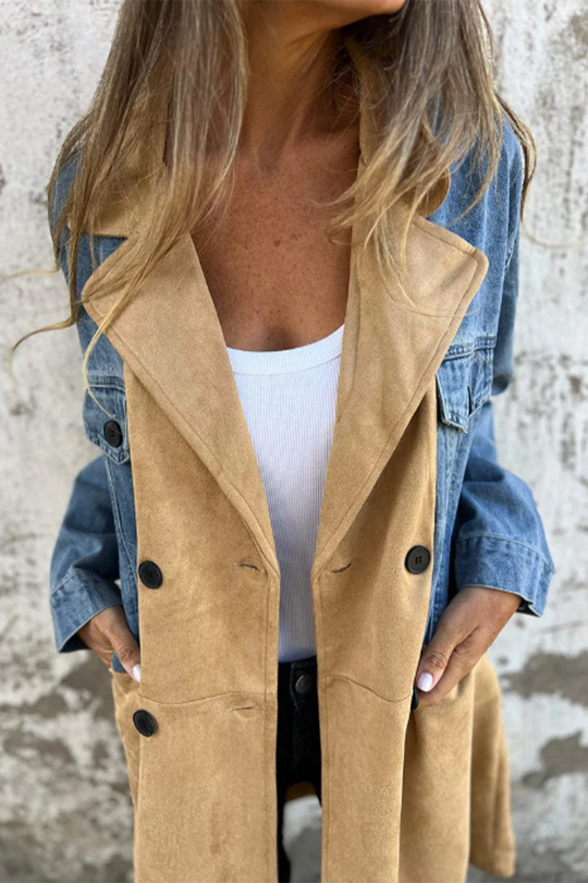 Heidi-Mode | Street Buttons Patchwork Kontrast Umlegekragen Langarm Locker Denimjacke