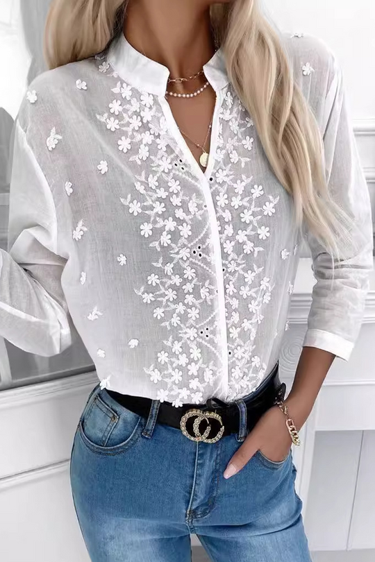 Heidi-Mode | Lässige Tägliche Gestickte Cut-Out V-Ausschnitt Blusen