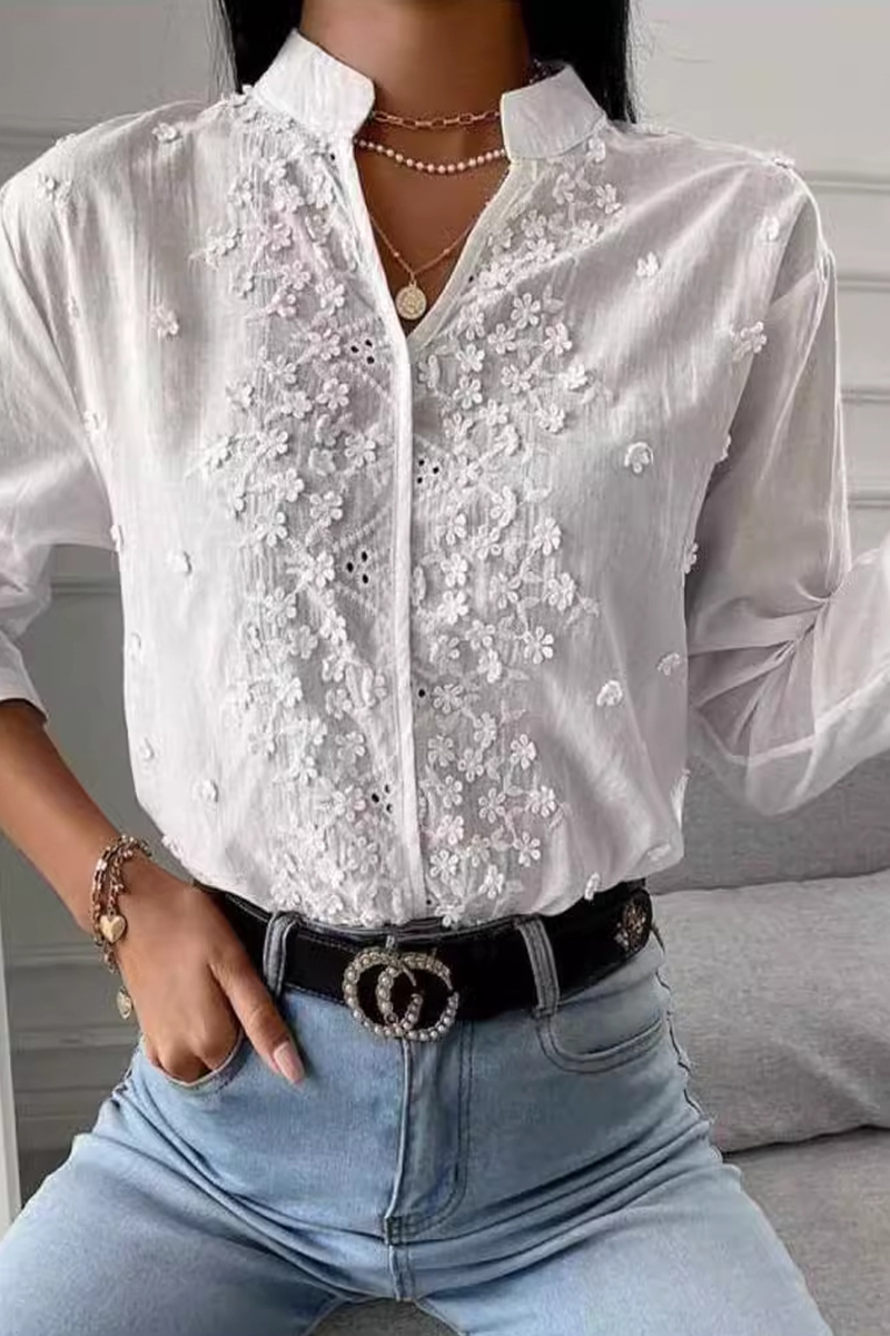 Heidi-Mode | Lässige Tägliche Gestickte Cut-Out V-Ausschnitt Blusen