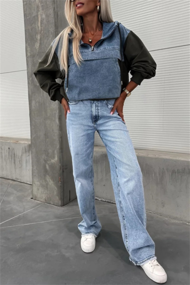 Heidi-Mode | Lässige Patchwork Reißverschluss Kapuzenoberteile - 3 Farben