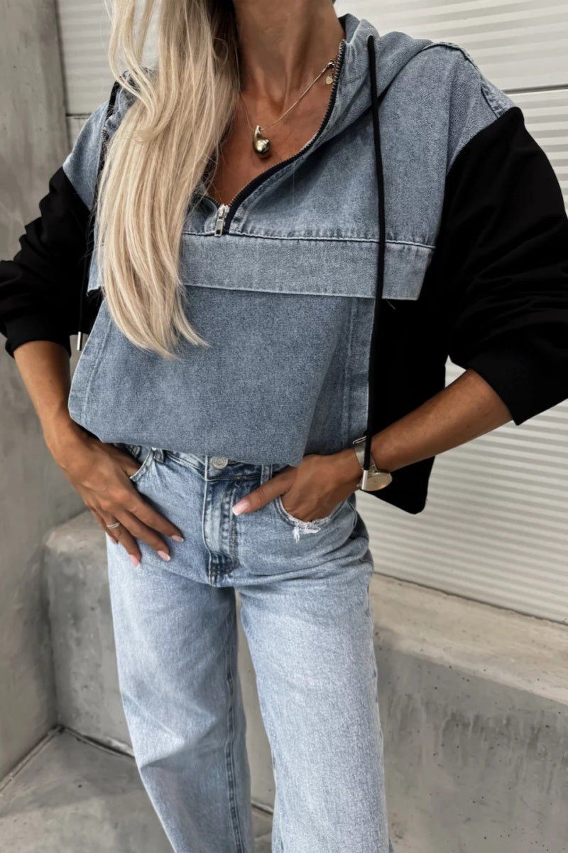 Heidi-Mode | Lässige Patchwork Reißverschluss Kapuzenoberteile - 3 Farben