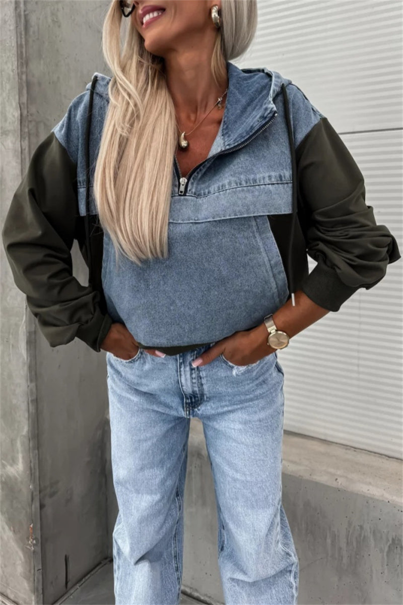 Heidi-Mode | Lässige Patchwork Reißverschluss Kapuzenoberteile - 3 Farben