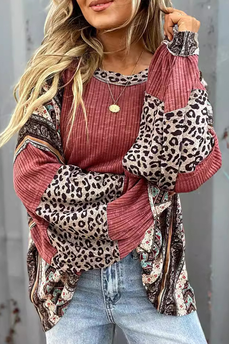 Heidi-Mode | Lässige Streifen Leopard Patchwork Kontrast O-Neck Tops