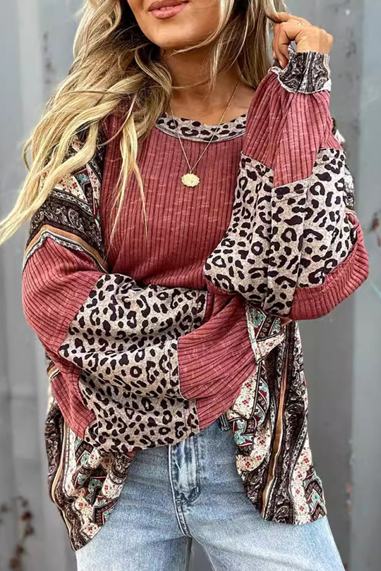 Heidi-Mode | Lässige Streifen Leopard Patchwork Kontrast O-Neck Tops
