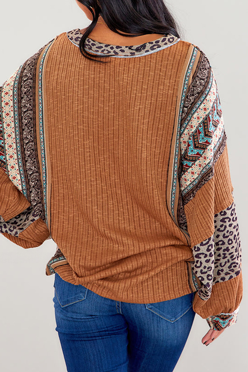 Heidi-Mode | Lässige Streifen Leopard Patchwork Kontrast O-Neck Tops