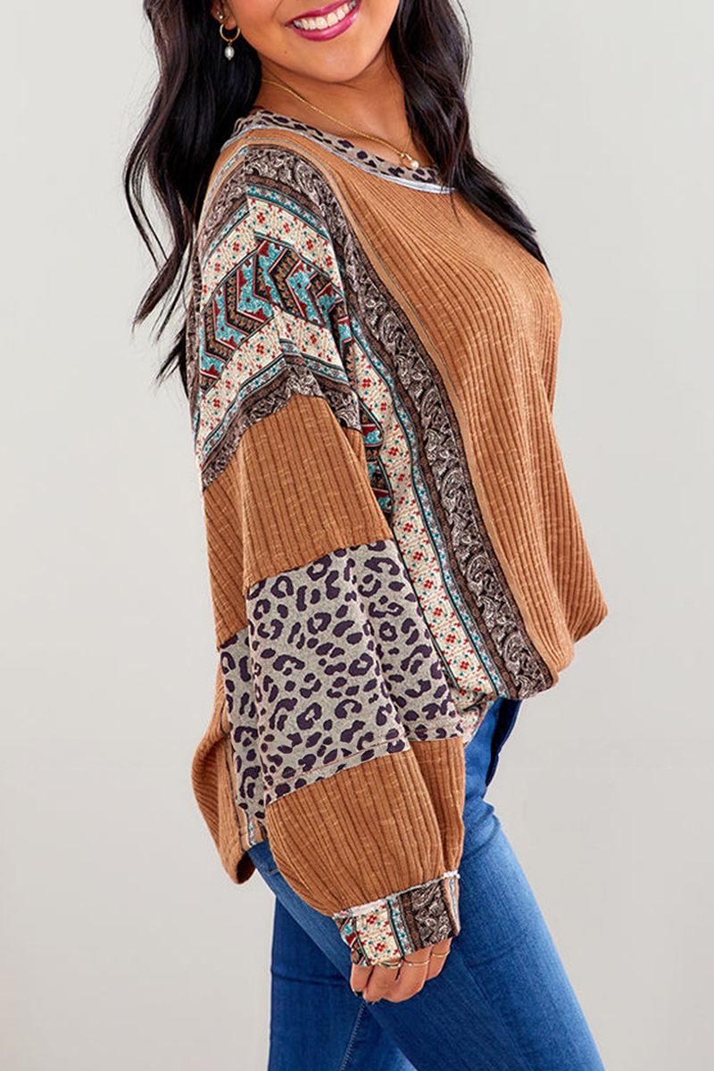 Heidi-Mode | Lässige Streifen Leopard Patchwork Kontrast O-Neck Tops