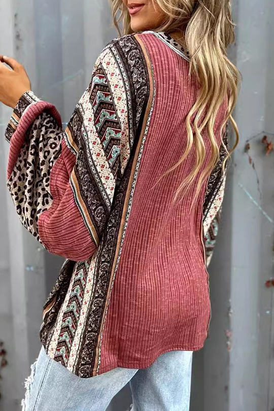 Heidi-Mode | Lässige Streifen Leopard Patchwork Kontrast O-Neck Tops