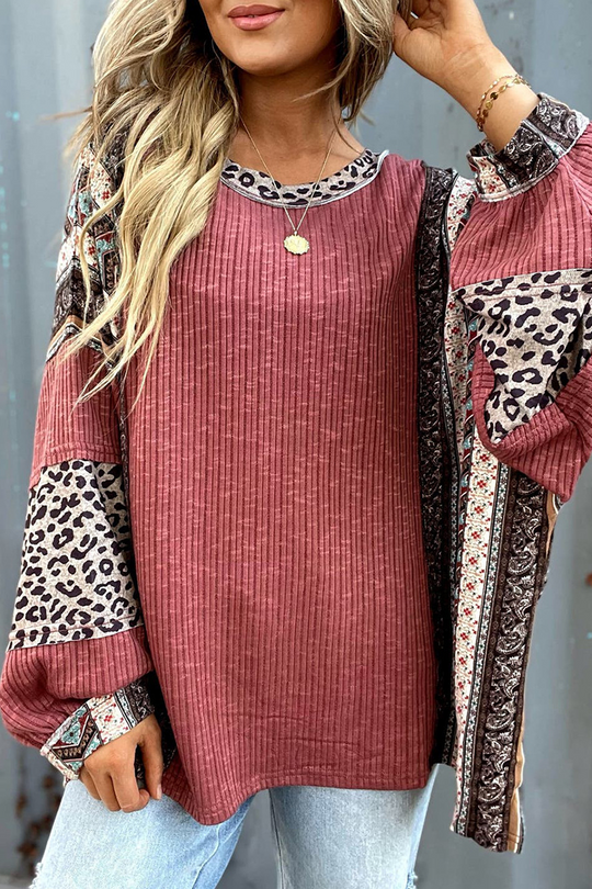 Heidi-Mode | Lässige Streifen Leopard Patchwork Kontrast O-Neck Tops