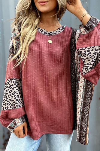 Heidi-Mode | Lässige Streifen Leopard Patchwork Kontrast O-Neck Tops