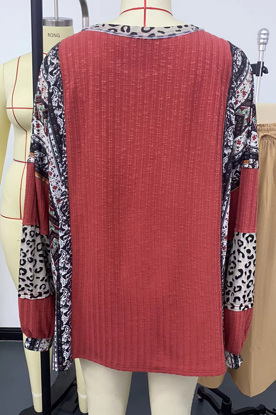 Heidi-Mode | Lässige Streifen Leopard Patchwork Kontrast O-Neck Tops