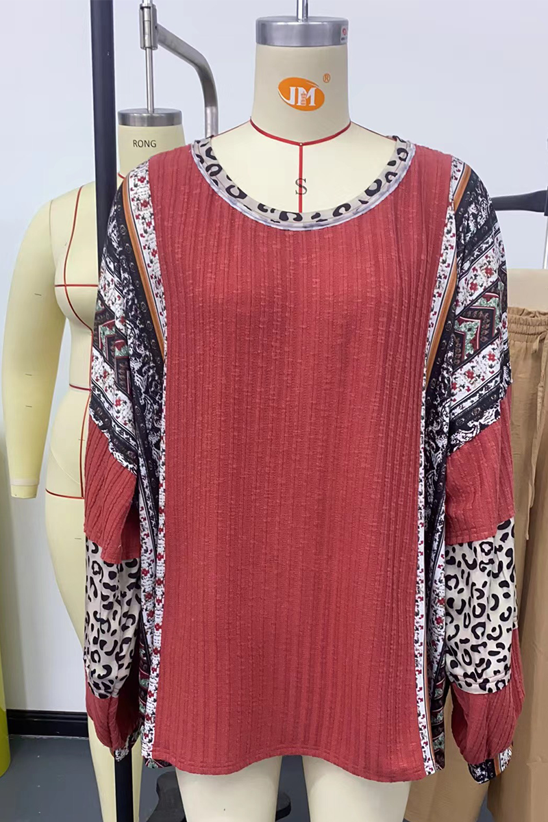 Heidi-Mode | Lässige Streifen Leopard Patchwork Kontrast O-Neck Tops
