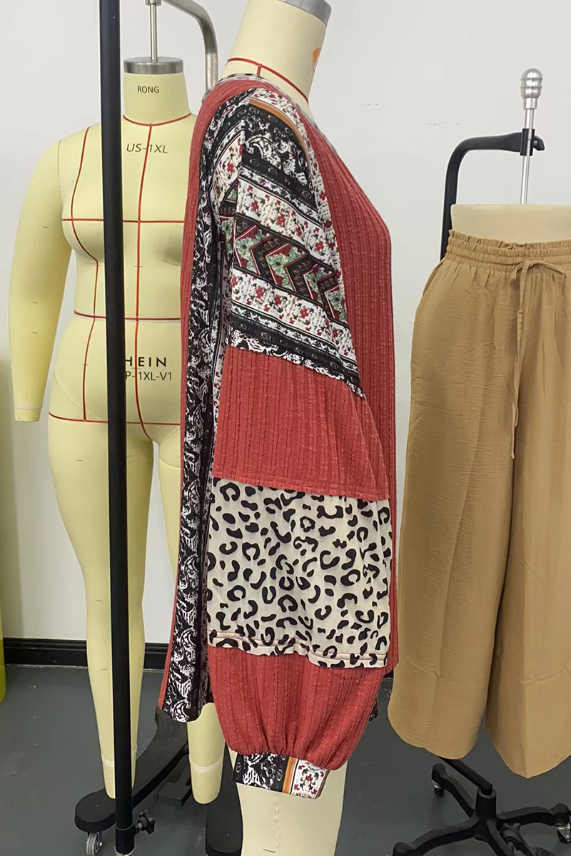 Heidi-Mode | Lässige Streifen Leopard Patchwork Kontrast O-Neck Tops