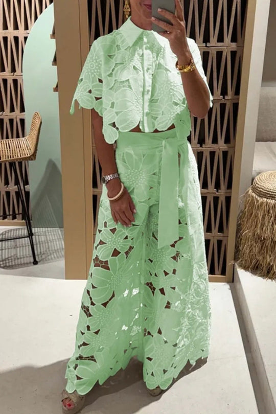 Heidi-Mode | Lässig Ausgeschnittene Knöpfe Umgeschlagener Kragen Halbärmel Zwei Stücke- 5 Farben