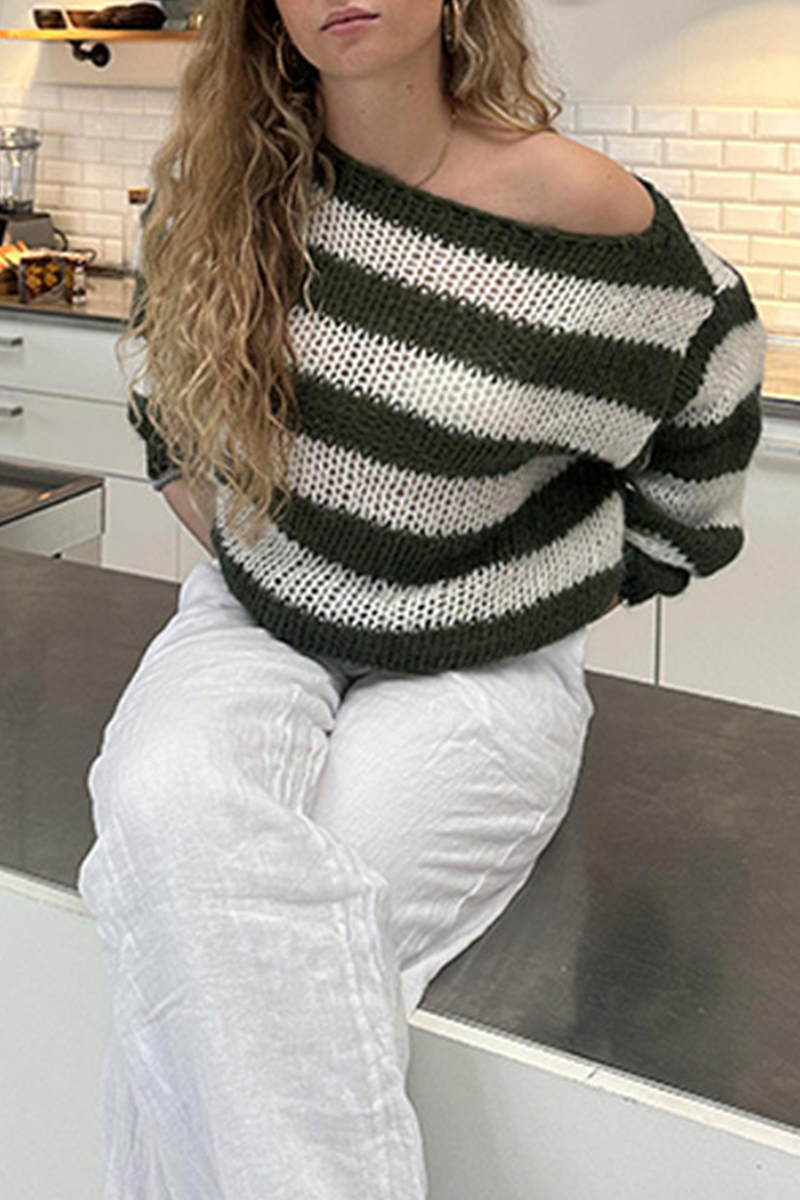 Heidi-Mode | Lässige Buchstaben Weben Kontrast Schräge Kragen Pullover - 4 Farben