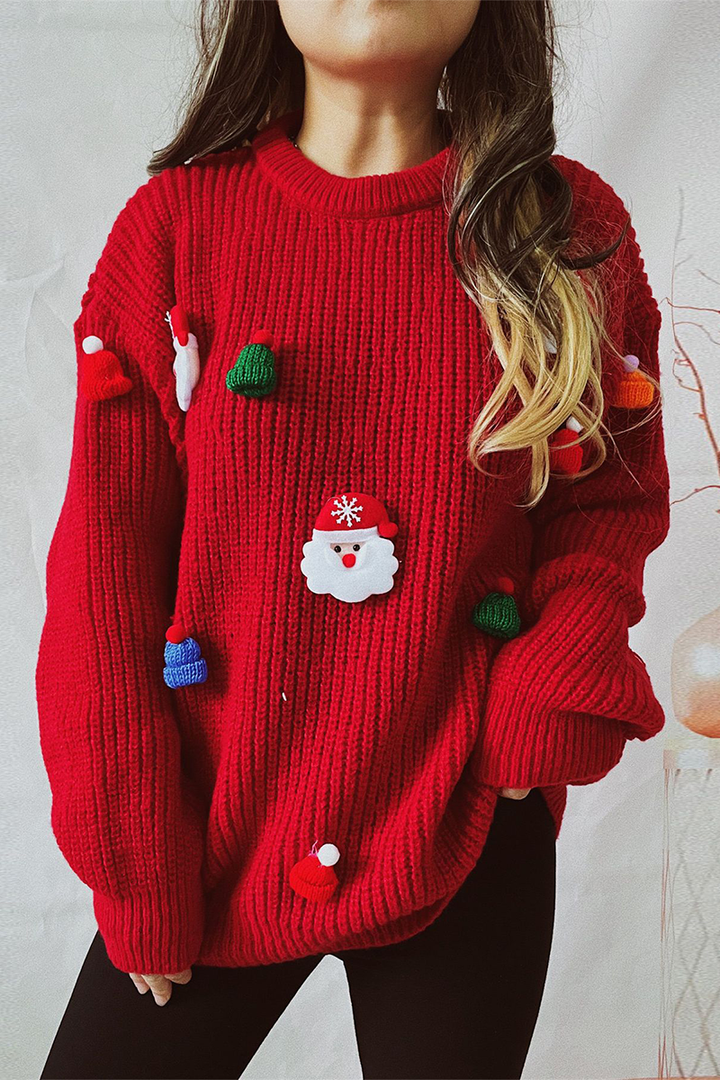 Heidi-Mode | Lässiger Weihnachtsmann Weihnachtsbaum Patchwork Weben O-Ausschnitt Pullover