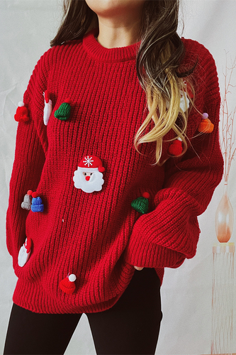 Heidi-Mode | Lässiger Weihnachtsmann Weihnachtsbaum Patchwork Weben O-Ausschnitt Pullover