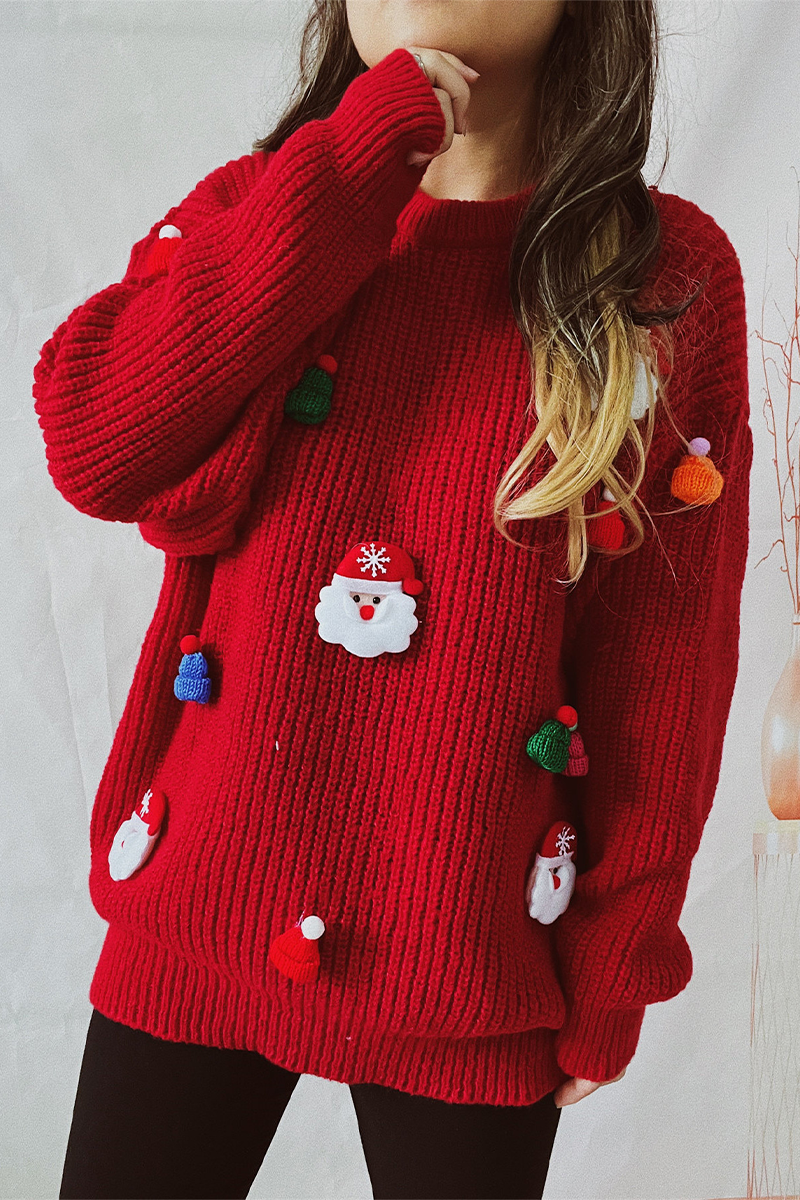 Heidi-Mode | Lässiger Weihnachtsmann Weihnachtsbaum Patchwork Weben O-Ausschnitt Pullover